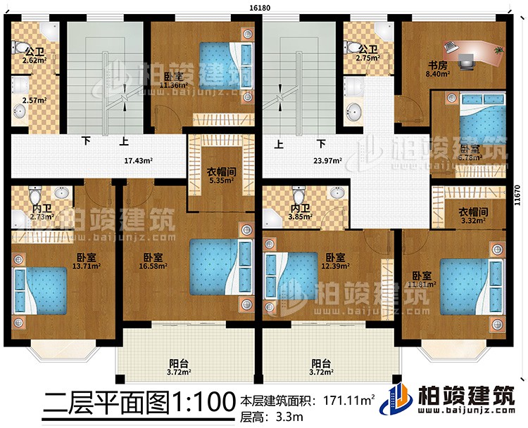 二层：2衣帽间、2内卫、2公卫、书房、6卧室、2阳台